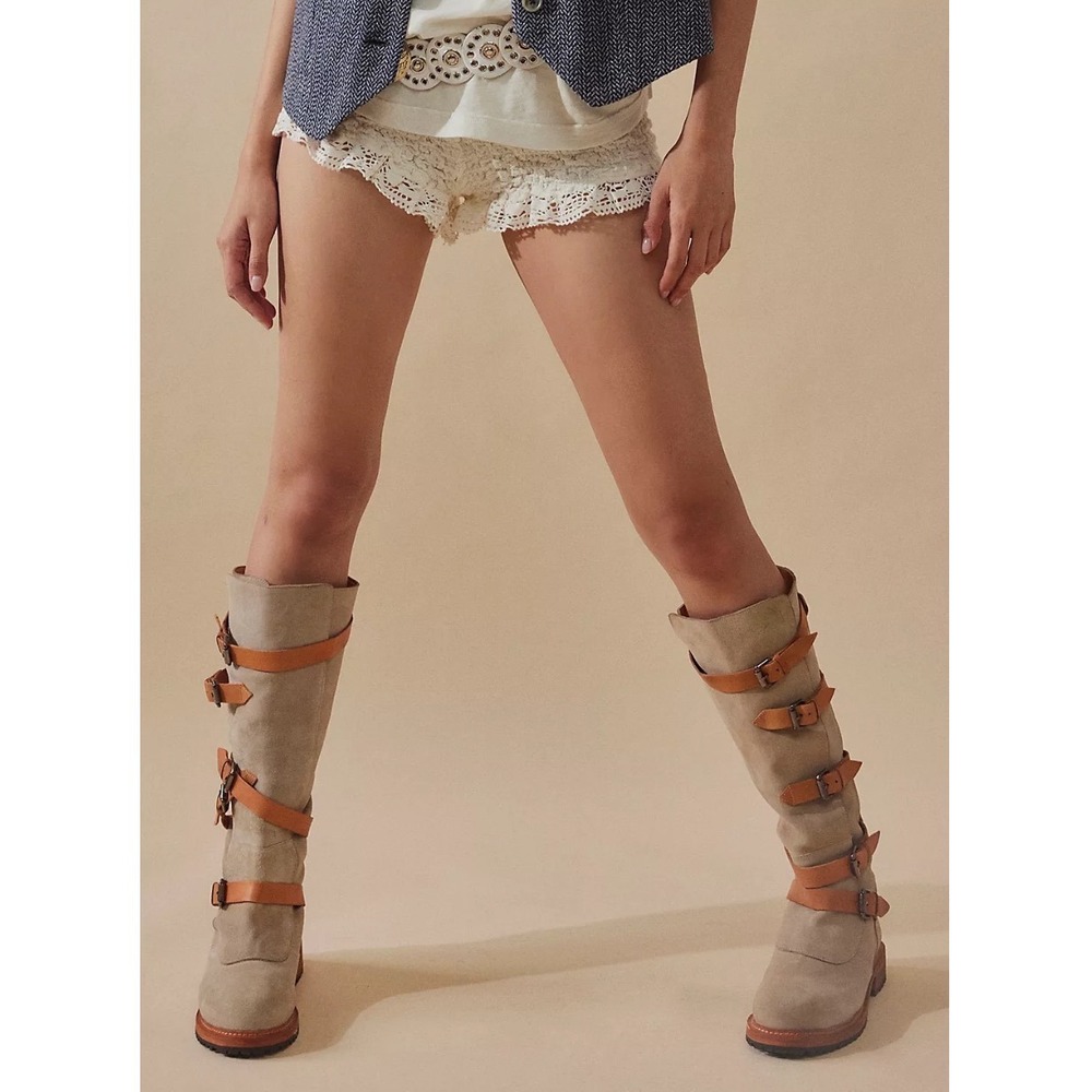 NEW Free People Tristie Buckle Boot Sand Leather Suede Tall Boho Equestrian 11